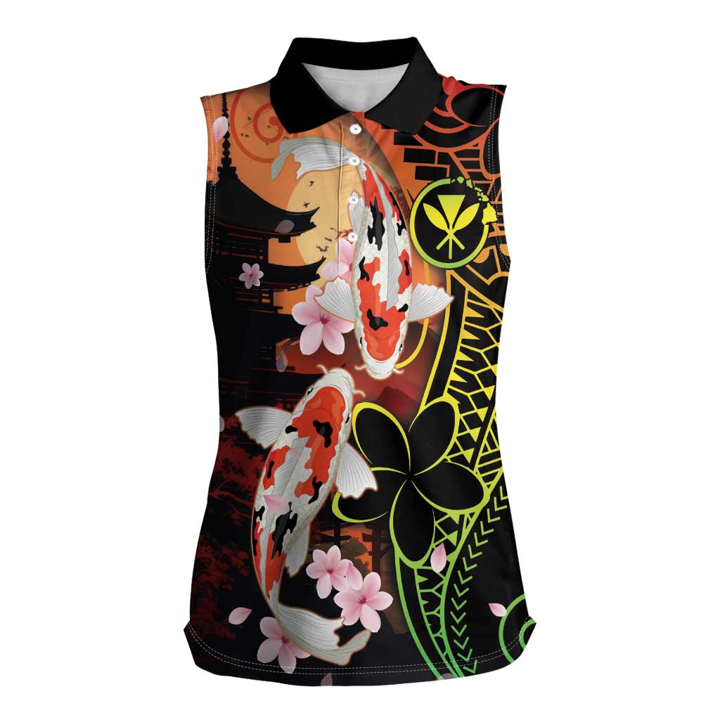 Hawaiian and Japanese Women Sleeveless Polo Shirt Koi Fish With Kanaka Polynesian Tattoo LT14 Female Black - Polynesian Pride