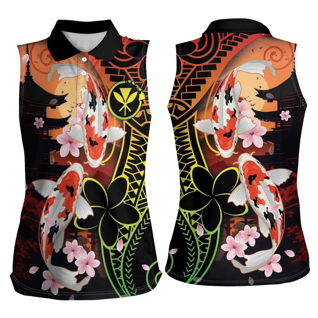 Hawaiian and Japanese Women Sleeveless Polo Shirt Koi Fish With Kanaka Polynesian Tattoo LT14 - Polynesian Pride