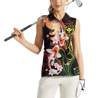 Hawaiian and Japanese Women Sleeveless Polo Shirt Koi Fish With Kanaka Polynesian Tattoo LT14 - Polynesian Pride