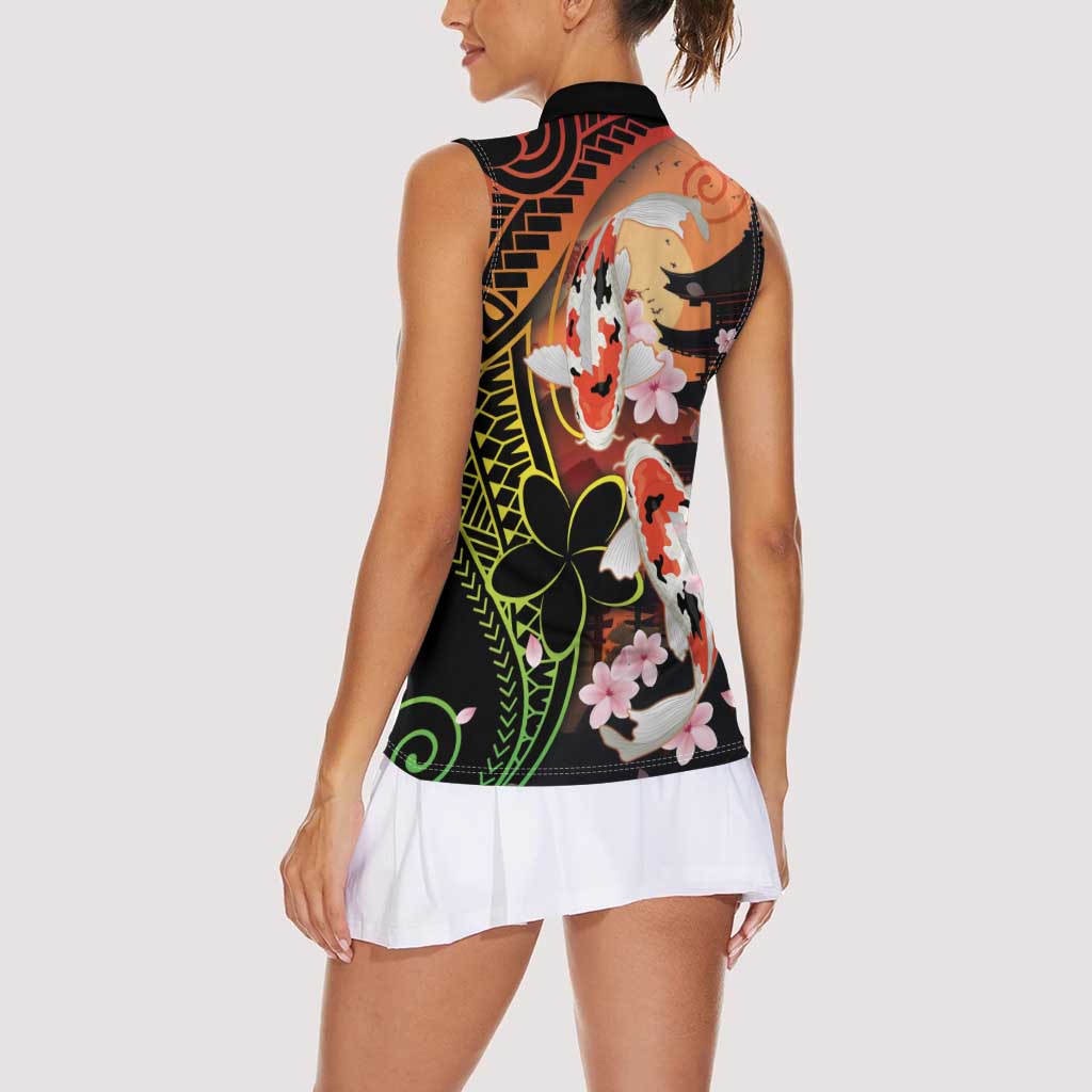 Hawaiian and Japanese Women Sleeveless Polo Shirt Koi Fish With Kanaka Polynesian Tattoo LT14 - Polynesian Pride