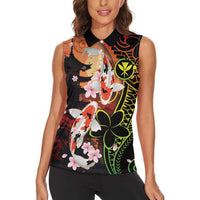 Hawaiian and Japanese Women Sleeveless Polo Shirt Koi Fish With Kanaka Polynesian Tattoo LT14 - Polynesian Pride