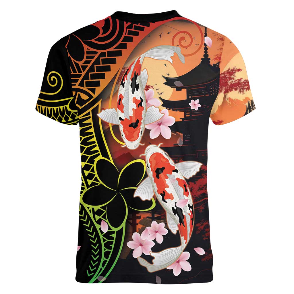 Hawaiian and Japanese Women V-Neck T-Shirt Koi Fish With Kanaka Polynesian Tattoo LT14 - Polynesian Pride
