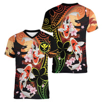 Hawaiian and Japanese Women V-Neck T-Shirt Koi Fish With Kanaka Polynesian Tattoo LT14 - Polynesian Pride