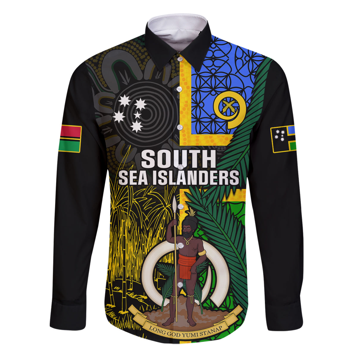 Personalised South Sea Islanders Family Matching Tank Maxi Dress and Hawaiian Shirt Kanakas With Vanuatu Coat Of Arms LT14 Dad's Shirt - Long Sleeve Black - Polynesian Pride