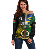 Personalised South Sea Islanders Off Shoulder Sweater Kanakas With Vanuatu Coat Of Arms LT14 Women Black - Polynesian Pride