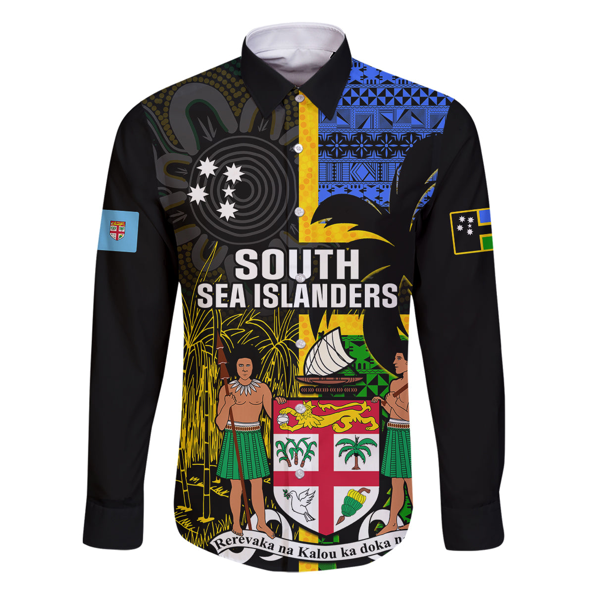 Personalised South Sea Islanders Family Matching Off Shoulder Short Dress and Hawaiian Shirt Kanakas With Fiji Coat Of Arms LT14 Dad's Shirt - Long Sleeve Black - Polynesian Pride
