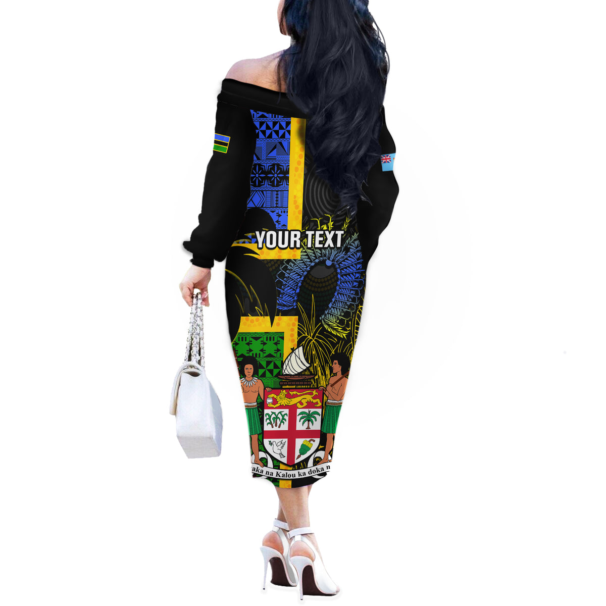 Personalised South Sea Islanders Off The Shoulder Long Sleeve Dress Kanakas With Fiji Coat Of Arms LT14 - Polynesian Pride