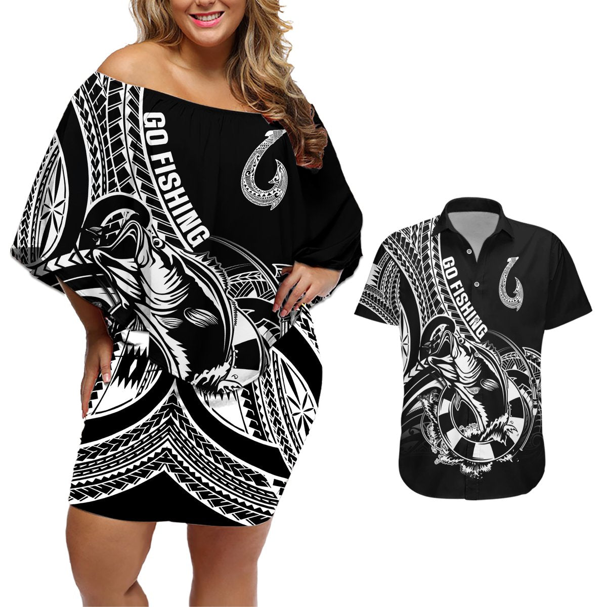Personalised Polynesia Couples Matching Off Shoulder Short Dress and Hawaiian Shirt Fish Hook Tattoo Go Fishing Polynesian Pattern Black LT14 Black - Polynesian Pride