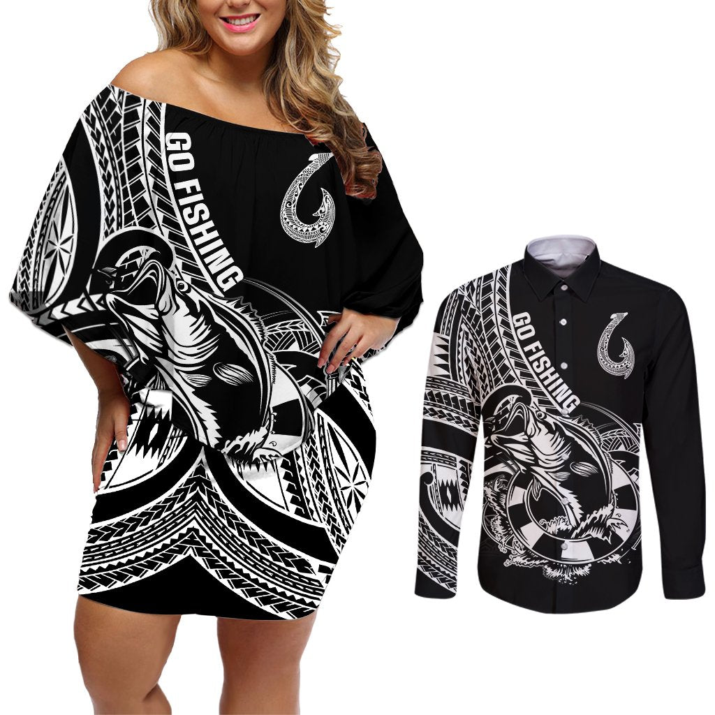 Personalised Polynesia Couples Matching Off Shoulder Short Dress and Long Sleeve Button Shirts Fish Hook Tattoo Go Fishing Polynesian Pattern Black LT14 Black - Polynesian Pride