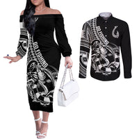 Personalised Polynesia Couples Matching Off The Shoulder Long Sleeve Dress and Long Sleeve Button Shirts Fish Hook Tattoo Go Fishing Polynesian Pattern Black LT14 Black - Polynesian Pride