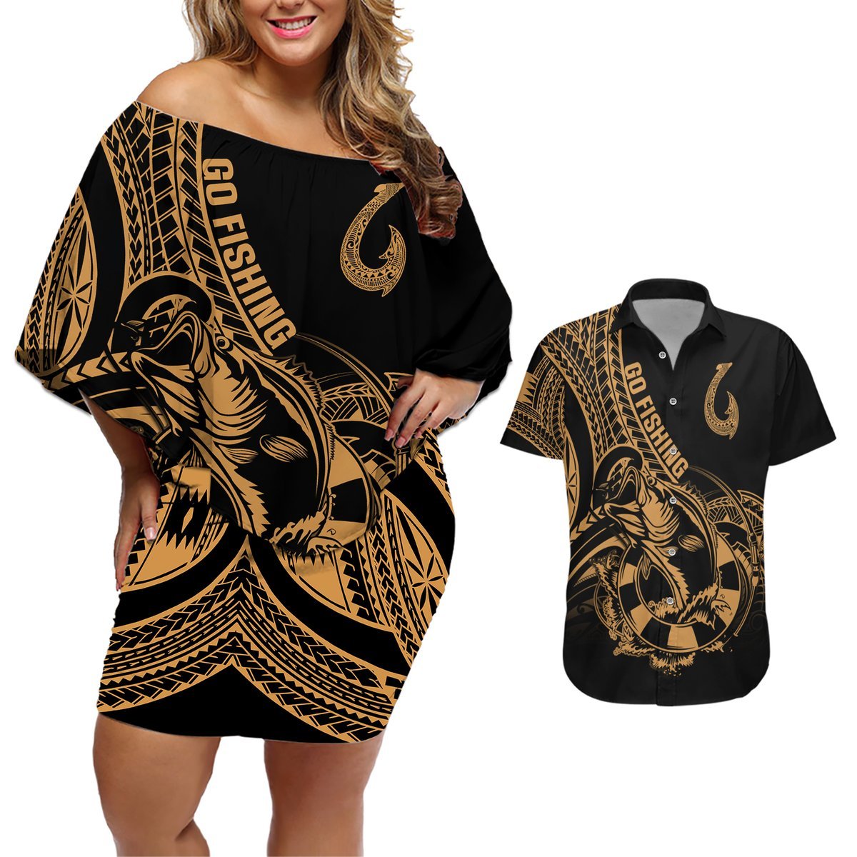 Polynesia Couples Matching Off Shoulder Short Dress and Hawaiian Shirt Fish Hook Tattoo Go Fishing Polynesian Pattern Gold LT14 Gold - Polynesian Pride