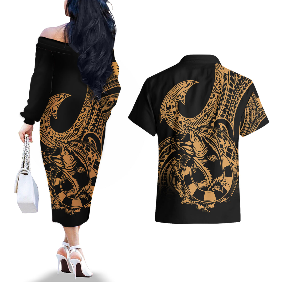 Polynesia Couples Matching Off The Shoulder Long Sleeve Dress and Hawaiian Shirt Fish Hook Tattoo Go Fishing Polynesian Pattern Gold LT14 - Polynesian Pride
