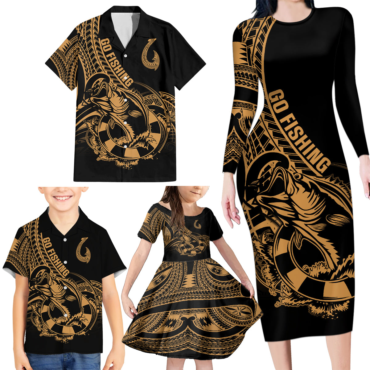 Polynesia Family Matching Long Sleeve Bodycon Dress and Hawaiian Shirt Fish Hook Tattoo Go Fishing Polynesian Pattern Gold LT14 - Polynesian Pride