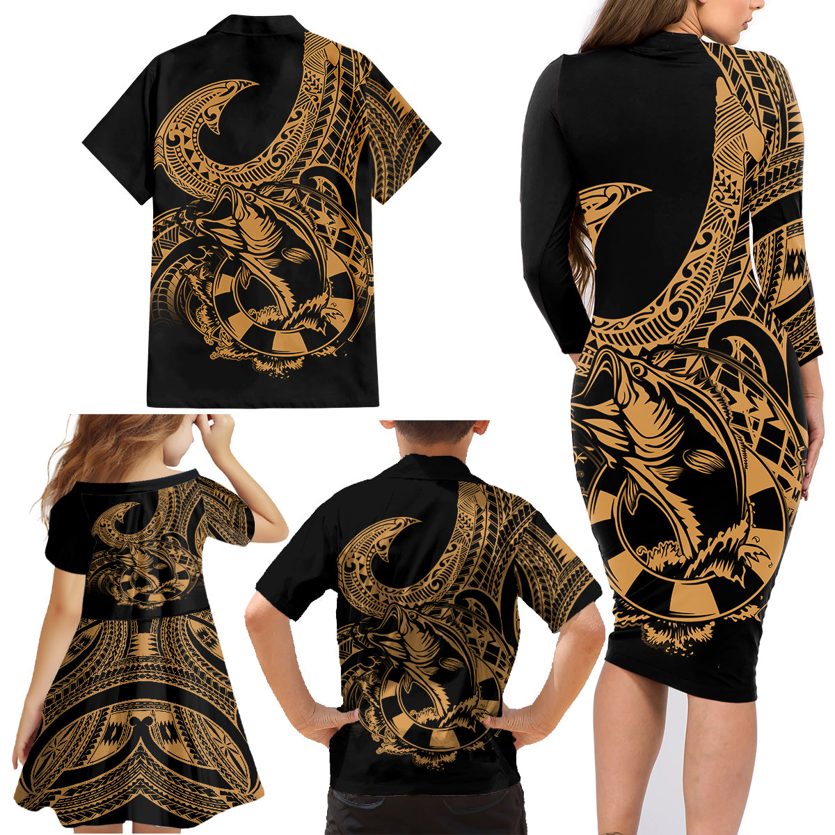 Polynesia Family Matching Long Sleeve Bodycon Dress and Hawaiian Shirt Fish Hook Tattoo Go Fishing Polynesian Pattern Gold LT14 - Polynesian Pride