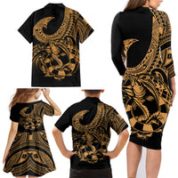 Polynesia Family Matching Long Sleeve Bodycon Dress and Hawaiian Shirt Fish Hook Tattoo Go Fishing Polynesian Pattern Gold LT14 - Polynesian Pride