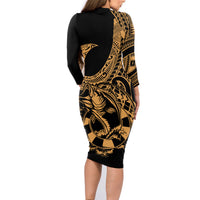 Polynesia Family Matching Long Sleeve Bodycon Dress and Hawaiian Shirt Fish Hook Tattoo Go Fishing Polynesian Pattern Gold LT14 - Polynesian Pride