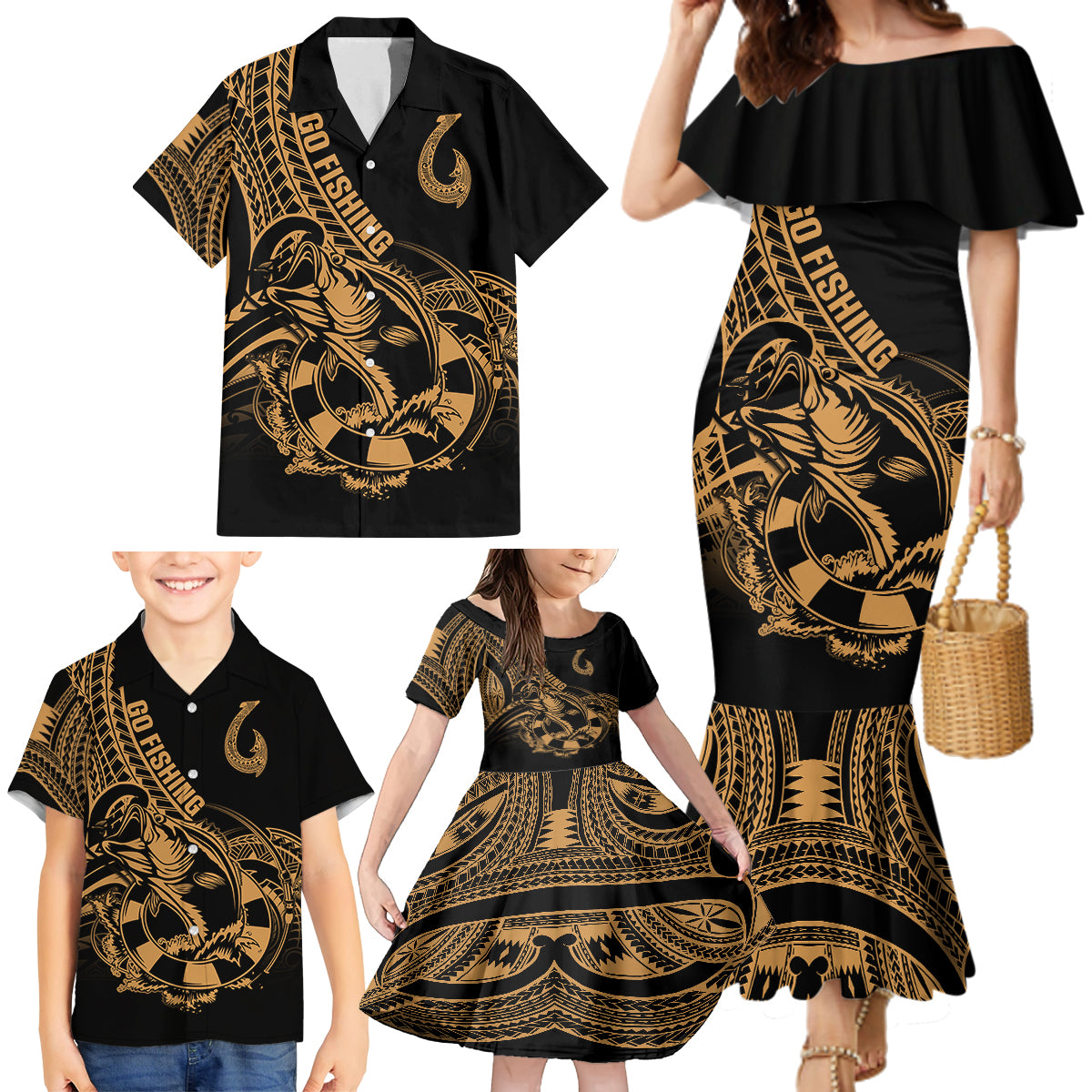 Polynesia Family Matching Mermaid Dress and Hawaiian Shirt Fish Hook Tattoo Go Fishing Polynesian Pattern Gold LT14 - Polynesian Pride