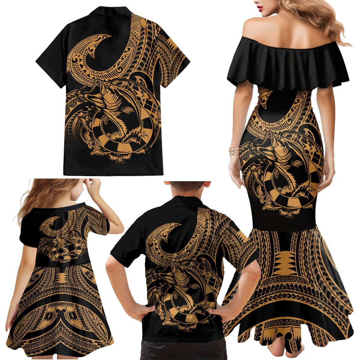 Polynesia Family Matching Mermaid Dress and Hawaiian Shirt Fish Hook Tattoo Go Fishing Polynesian Pattern Gold LT14 - Polynesian Pride