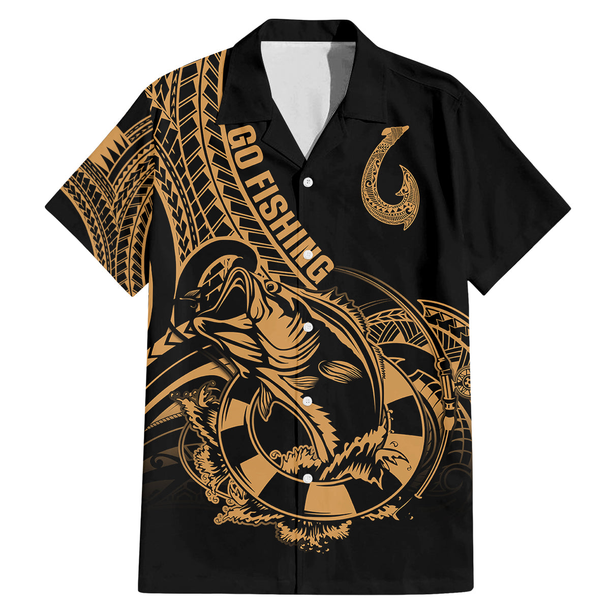 Polynesia Family Matching Mermaid Dress and Hawaiian Shirt Fish Hook Tattoo Go Fishing Polynesian Pattern Gold LT14 Dad's Shirt - Short Sleeve Gold - Polynesian Pride
