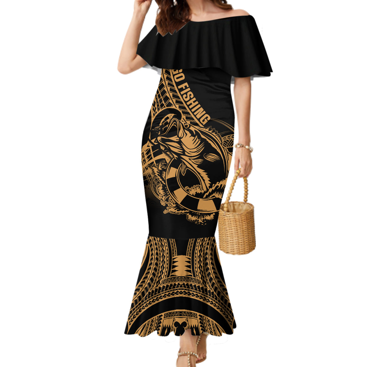 Polynesia Family Matching Mermaid Dress and Hawaiian Shirt Fish Hook Tattoo Go Fishing Polynesian Pattern Gold LT14 Mom's Dress Gold - Polynesian Pride