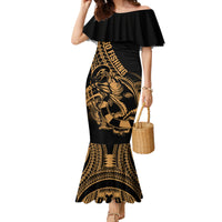 Polynesia Family Matching Mermaid Dress and Hawaiian Shirt Fish Hook Tattoo Go Fishing Polynesian Pattern Gold LT14 Mom's Dress Gold - Polynesian Pride
