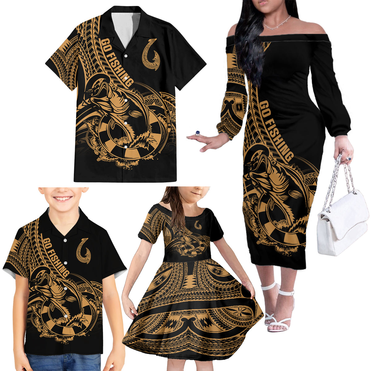 Polynesia Family Matching Off Shoulder Long Sleeve Dress and Hawaiian Shirt Fish Hook Tattoo Go Fishing Polynesian Pattern Gold LT14 - Polynesian Pride