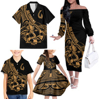 Polynesia Family Matching Off Shoulder Long Sleeve Dress and Hawaiian Shirt Fish Hook Tattoo Go Fishing Polynesian Pattern Gold LT14 - Polynesian Pride