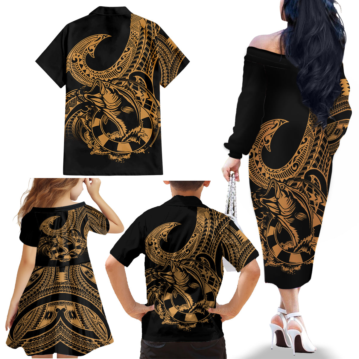 Polynesia Family Matching Off Shoulder Long Sleeve Dress and Hawaiian Shirt Fish Hook Tattoo Go Fishing Polynesian Pattern Gold LT14 - Polynesian Pride