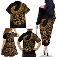 Polynesia Family Matching Off Shoulder Long Sleeve Dress and Hawaiian Shirt Fish Hook Tattoo Go Fishing Polynesian Pattern Gold LT14 - Polynesian Pride