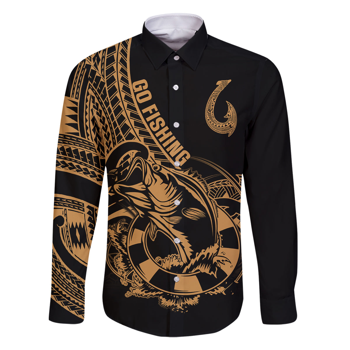 Polynesia Family Matching Off Shoulder Long Sleeve Dress and Hawaiian Shirt Fish Hook Tattoo Go Fishing Polynesian Pattern Gold LT14 Dad's Shirt - Long Sleeve Gold - Polynesian Pride