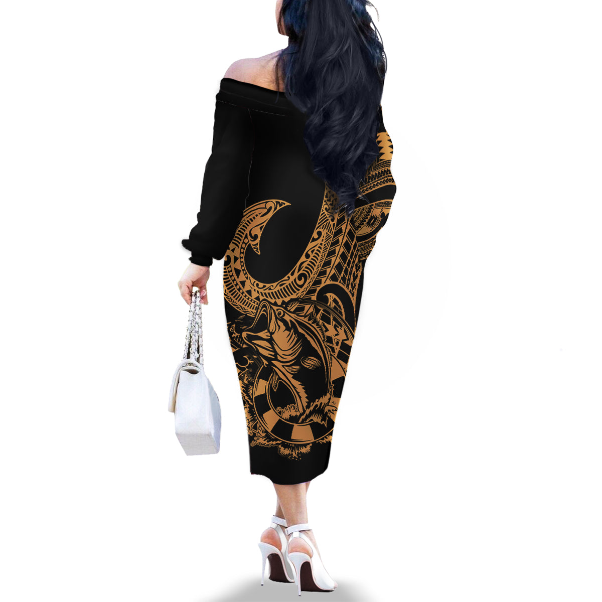 Polynesia Family Matching Off Shoulder Long Sleeve Dress and Hawaiian Shirt Fish Hook Tattoo Go Fishing Polynesian Pattern Gold LT14 - Polynesian Pride