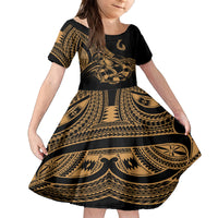 Polynesia Family Matching Off Shoulder Maxi Dress and Hawaiian Shirt Fish Hook Tattoo Go Fishing Polynesian Pattern Gold LT14 Daughter's Dress Gold - Polynesian Pride