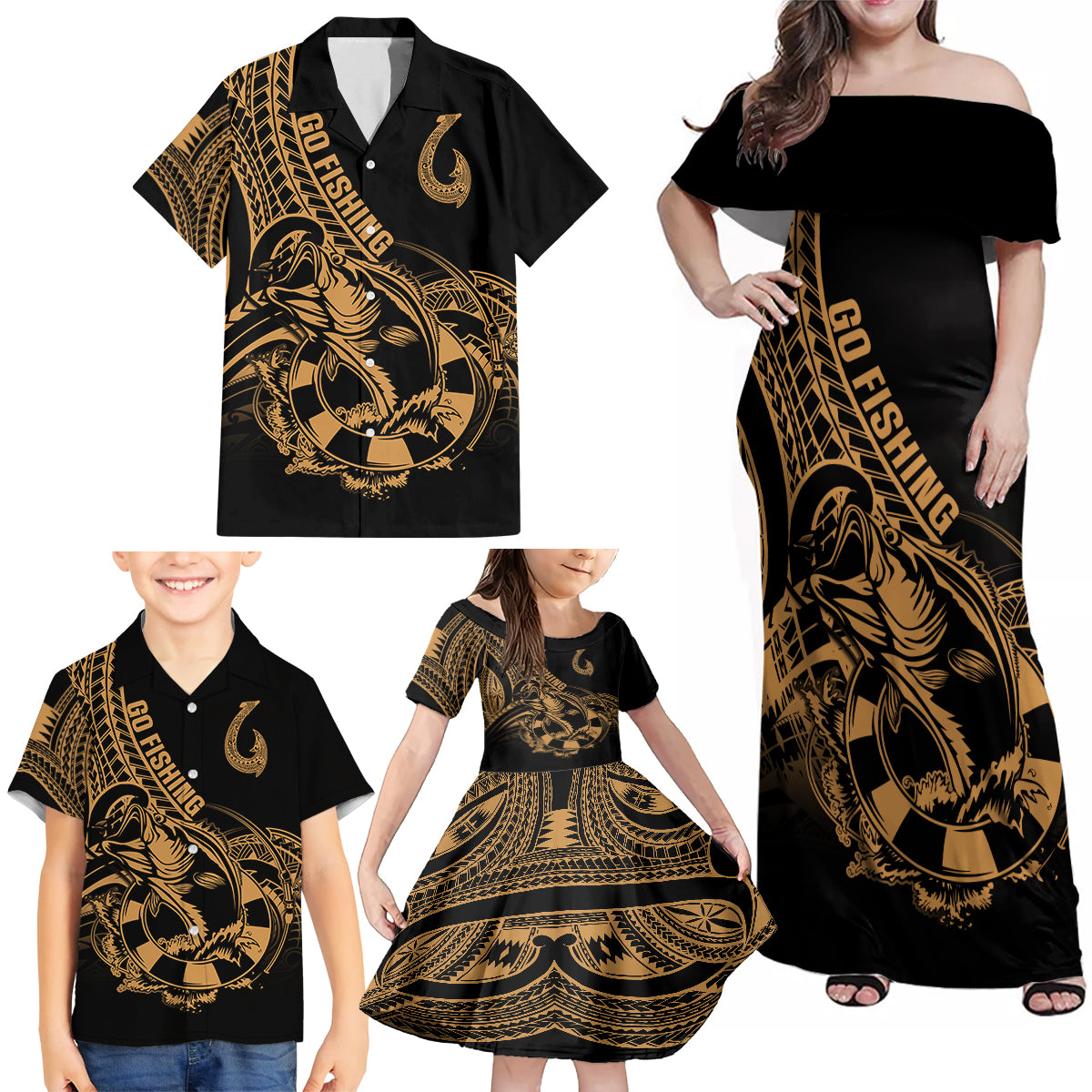 Polynesia Family Matching Off Shoulder Maxi Dress and Hawaiian Shirt Fish Hook Tattoo Go Fishing Polynesian Pattern Gold LT14 - Polynesian Pride