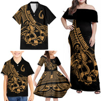 Polynesia Family Matching Off Shoulder Maxi Dress and Hawaiian Shirt Fish Hook Tattoo Go Fishing Polynesian Pattern Gold LT14 - Polynesian Pride