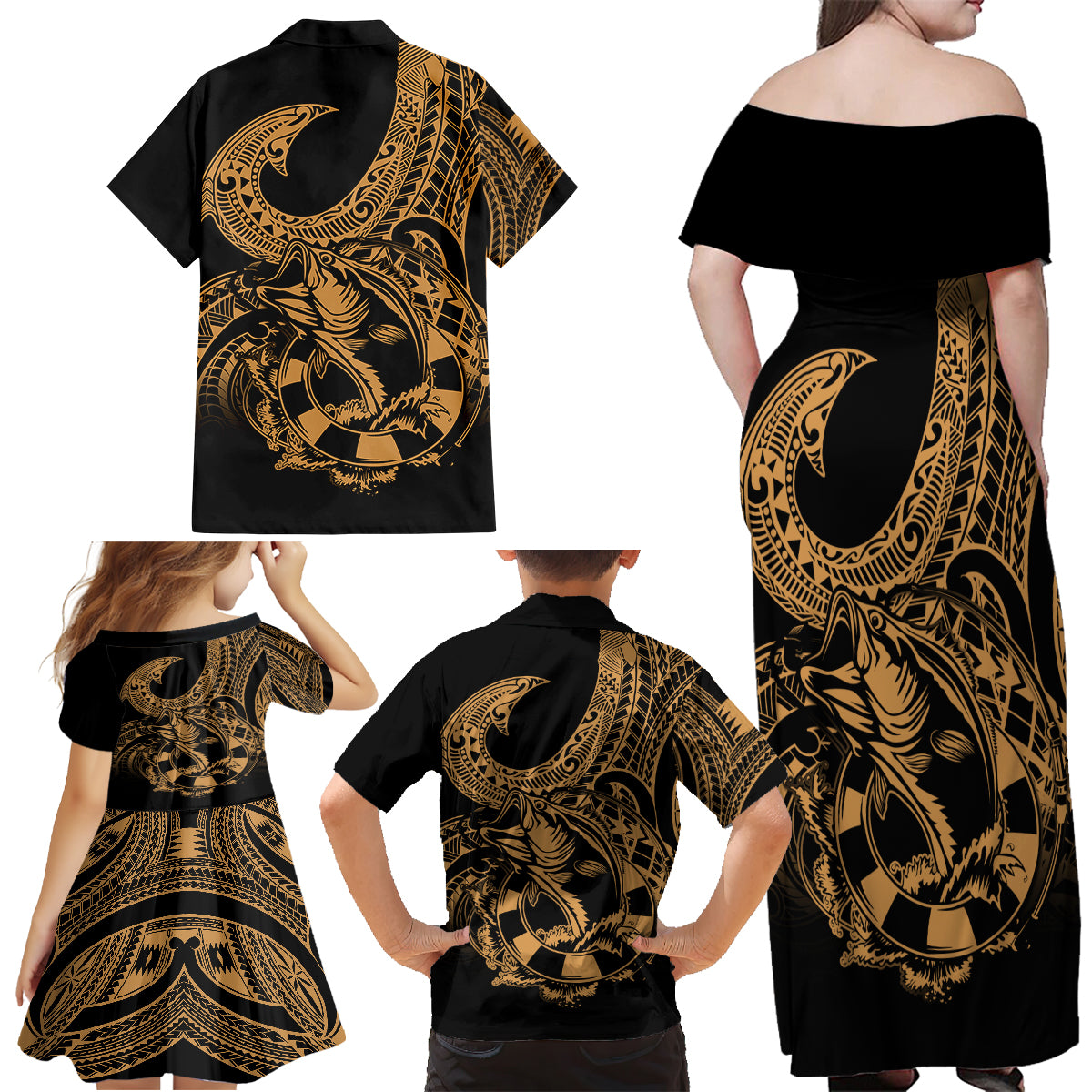 Polynesia Family Matching Off Shoulder Maxi Dress and Hawaiian Shirt Fish Hook Tattoo Go Fishing Polynesian Pattern Gold LT14 - Polynesian Pride