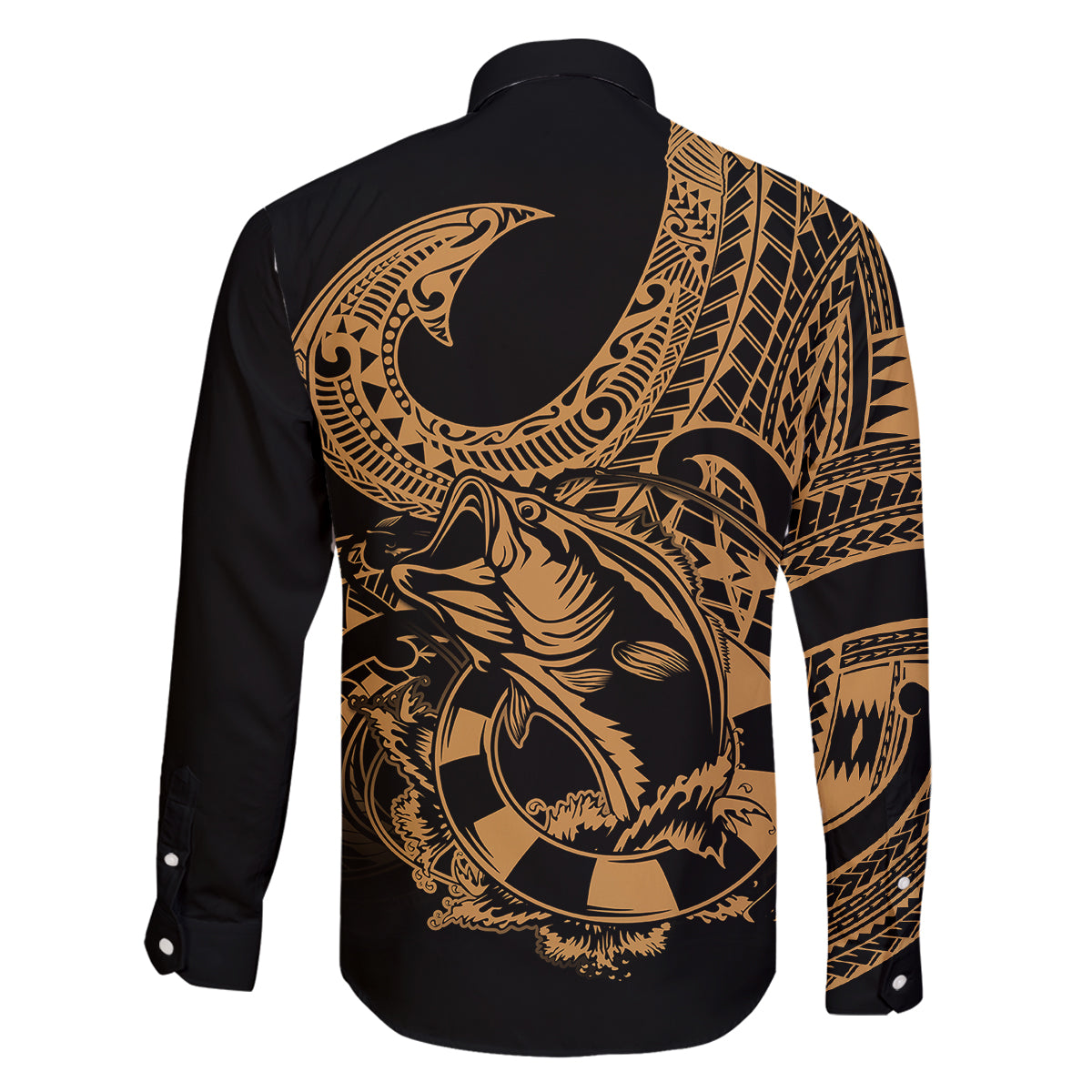Polynesia Family Matching Off Shoulder Maxi Dress and Hawaiian Shirt Fish Hook Tattoo Go Fishing Polynesian Pattern Gold LT14 - Polynesian Pride