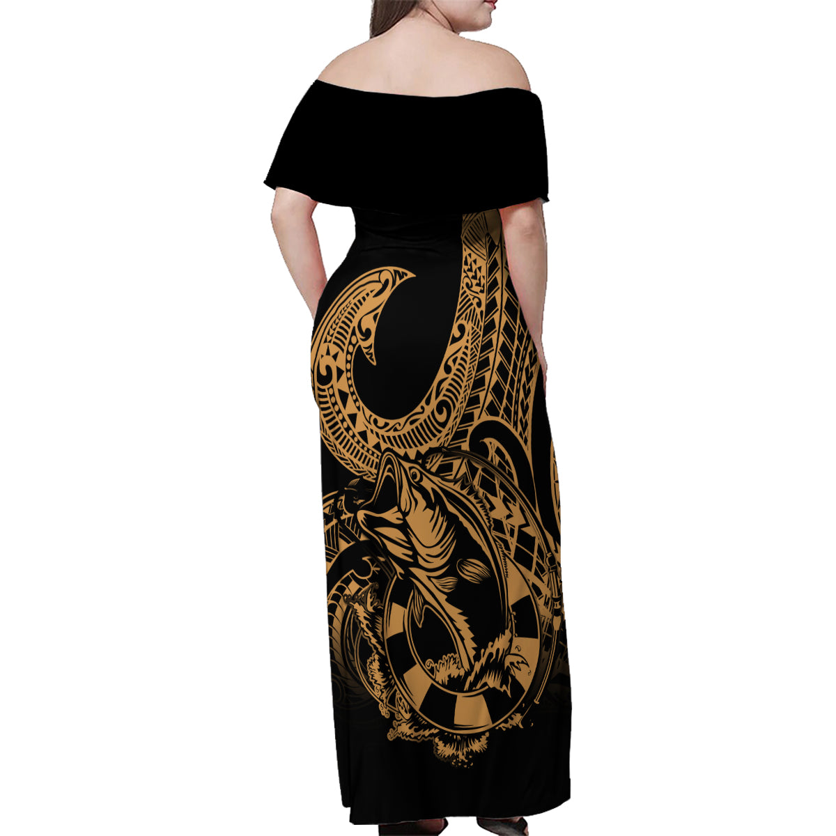 Polynesia Family Matching Off Shoulder Maxi Dress and Hawaiian Shirt Fish Hook Tattoo Go Fishing Polynesian Pattern Gold LT14 - Polynesian Pride