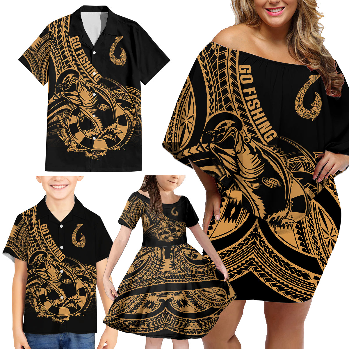 Polynesia Family Matching Off Shoulder Short Dress and Hawaiian Shirt Fish Hook Tattoo Go Fishing Polynesian Pattern Gold LT14 - Polynesian Pride