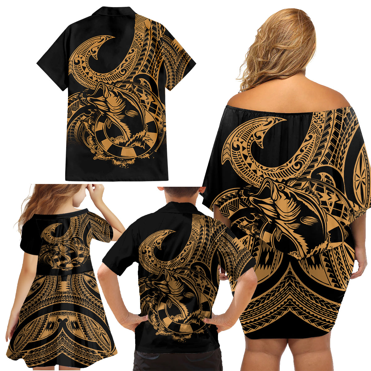 Polynesia Family Matching Off Shoulder Short Dress and Hawaiian Shirt Fish Hook Tattoo Go Fishing Polynesian Pattern Gold LT14 - Polynesian Pride