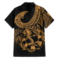 Polynesia Family Matching Off Shoulder Short Dress and Hawaiian Shirt Fish Hook Tattoo Go Fishing Polynesian Pattern Gold LT14 - Polynesian Pride