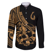 Polynesia Family Matching Off Shoulder Short Dress and Hawaiian Shirt Fish Hook Tattoo Go Fishing Polynesian Pattern Gold LT14 Dad's Shirt - Long Sleeve Gold - Polynesian Pride