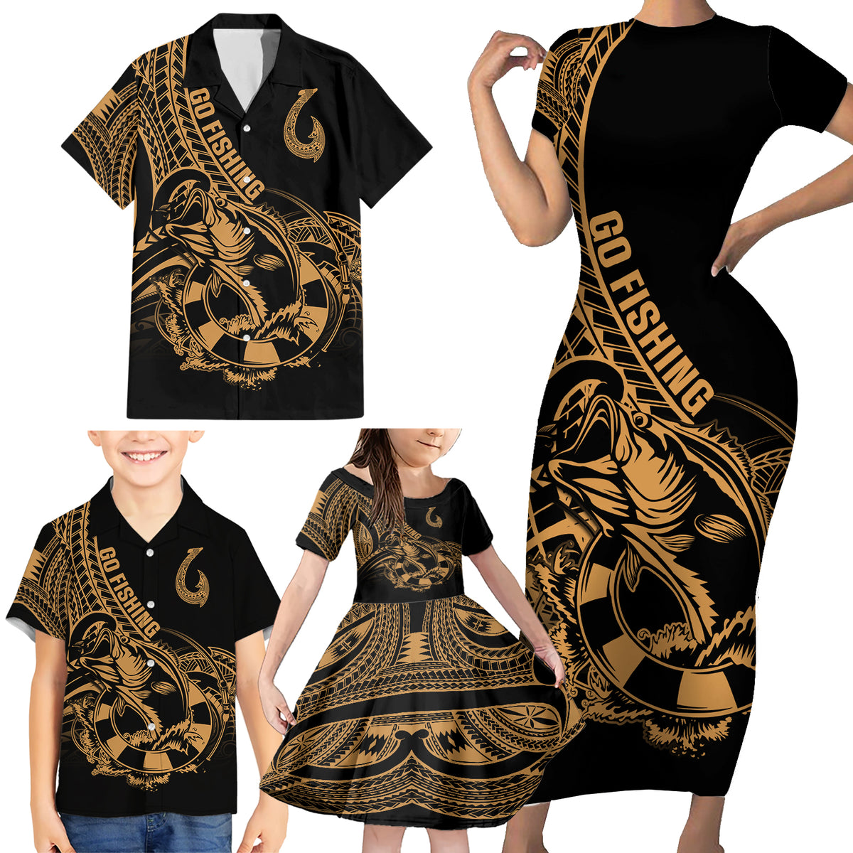 Polynesia Family Matching Short Sleeve Bodycon Dress and Hawaiian Shirt Fish Hook Tattoo Go Fishing Polynesian Pattern Gold LT14 - Polynesian Pride