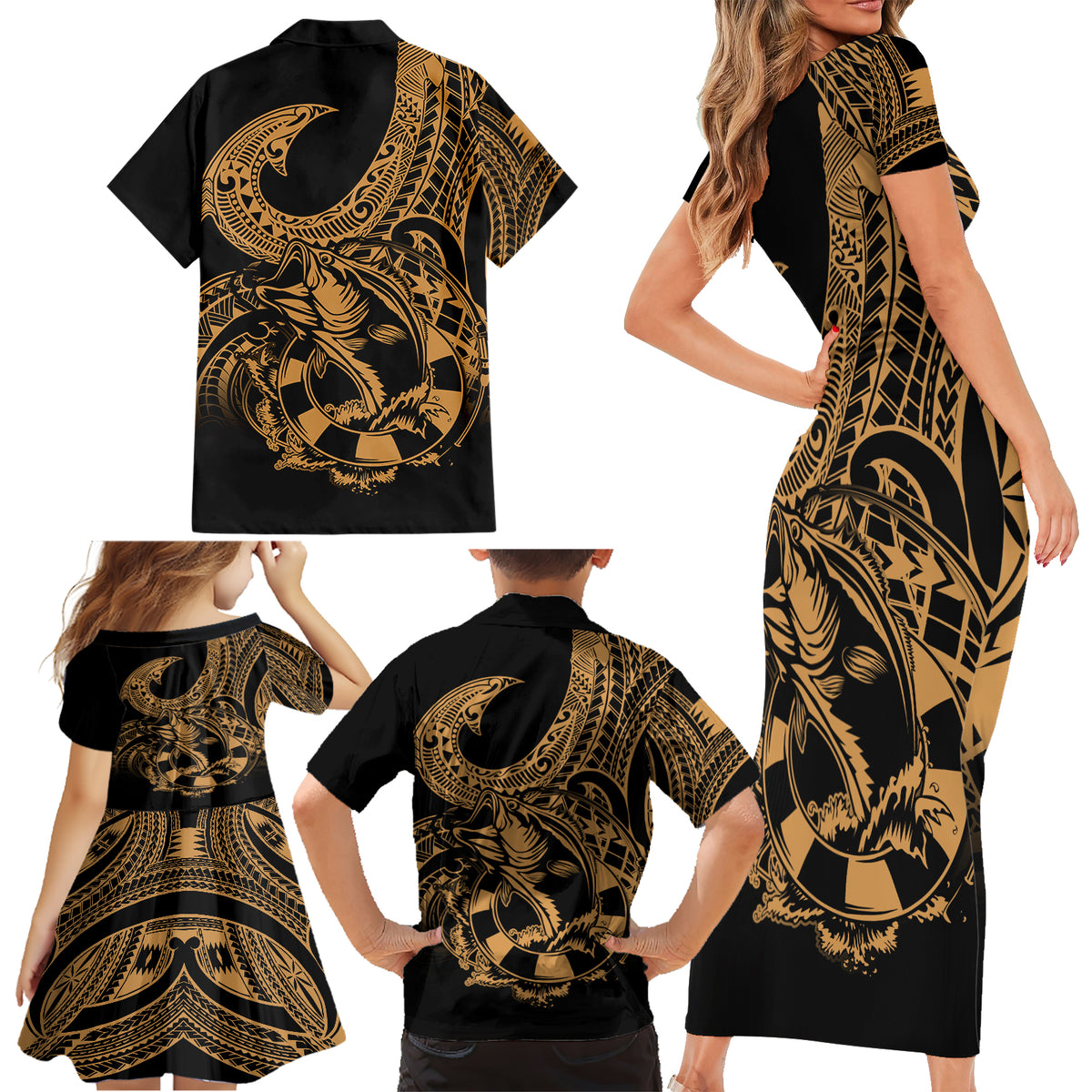 Polynesia Family Matching Short Sleeve Bodycon Dress and Hawaiian Shirt Fish Hook Tattoo Go Fishing Polynesian Pattern Gold LT14 - Polynesian Pride