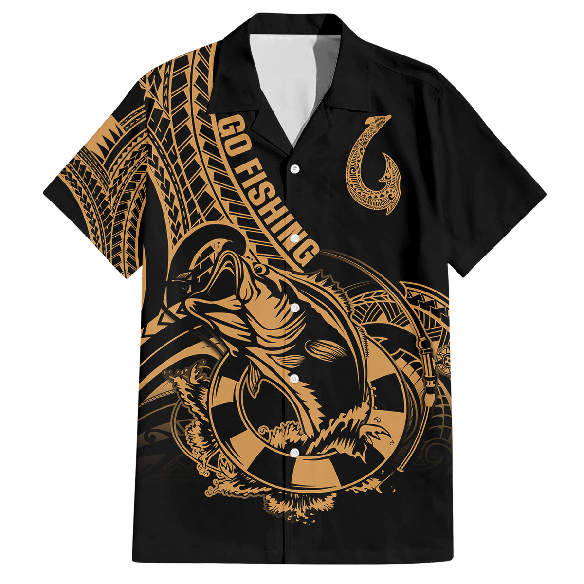 Polynesia Family Matching Short Sleeve Bodycon Dress and Hawaiian Shirt Fish Hook Tattoo Go Fishing Polynesian Pattern Gold LT14 Dad's Shirt - Short Sleeve Gold - Polynesian Pride