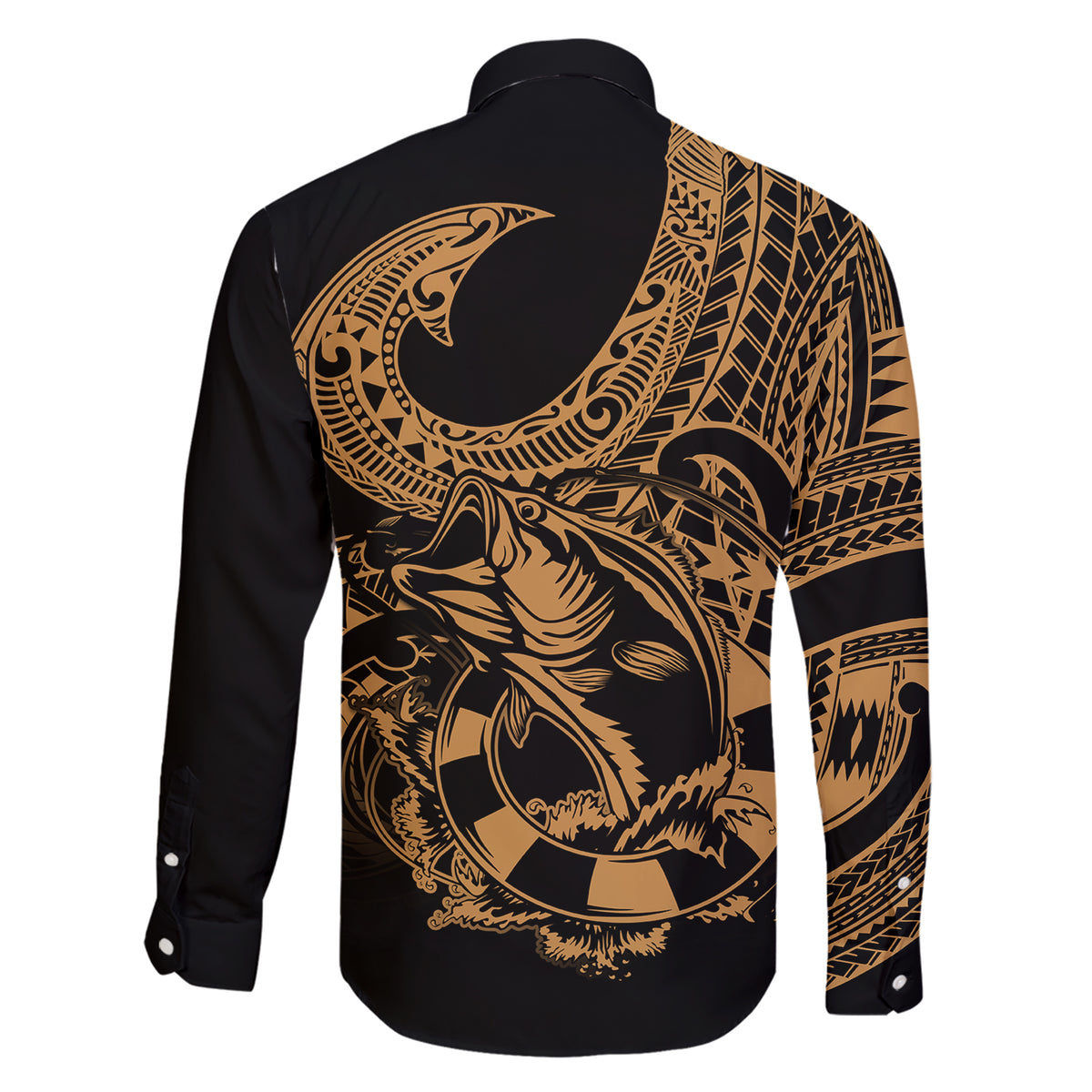 Polynesia Family Matching Short Sleeve Bodycon Dress and Hawaiian Shirt Fish Hook Tattoo Go Fishing Polynesian Pattern Gold LT14 - Polynesian Pride