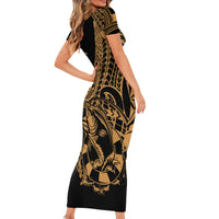 Polynesia Family Matching Short Sleeve Bodycon Dress and Hawaiian Shirt Fish Hook Tattoo Go Fishing Polynesian Pattern Gold LT14 - Polynesian Pride