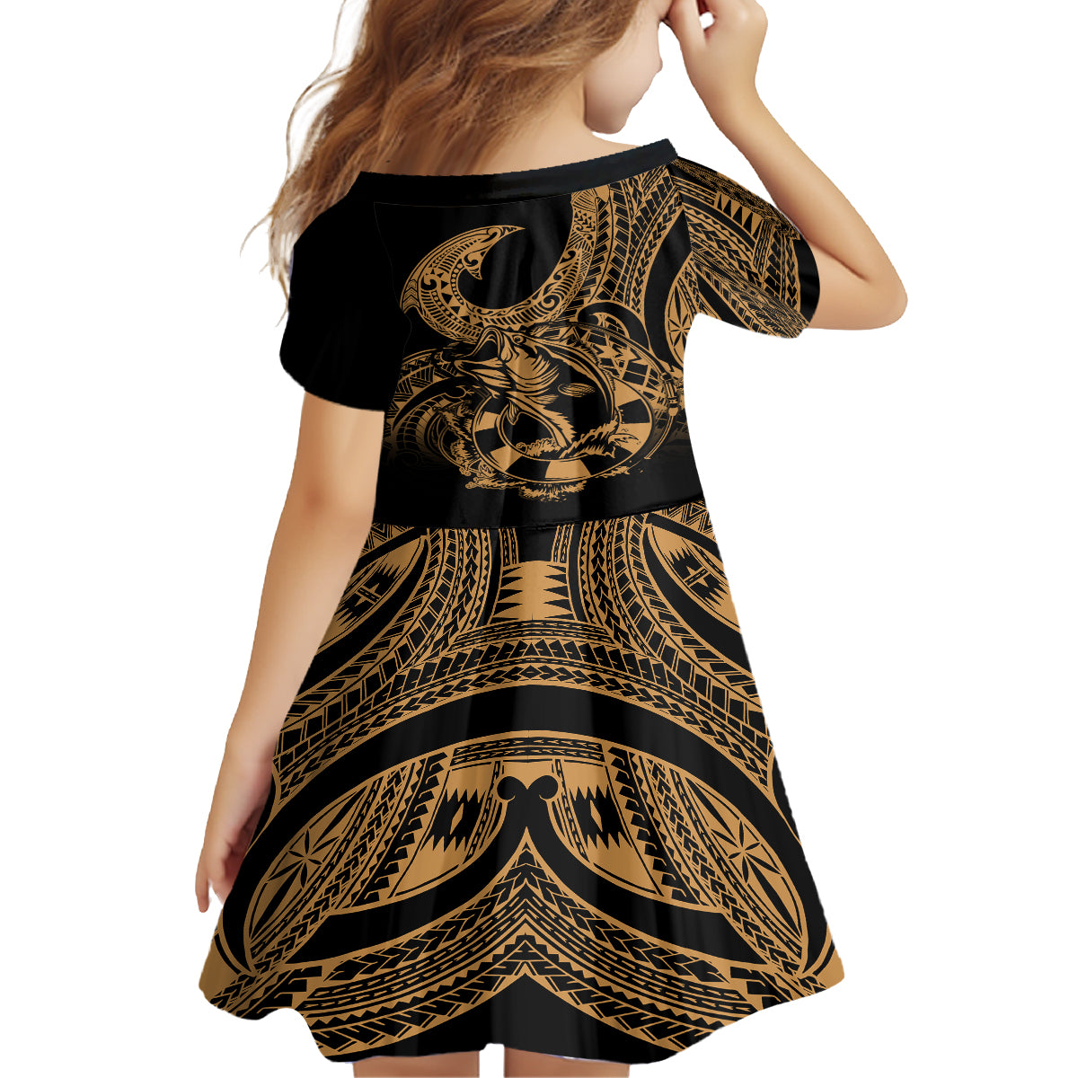 Polynesia Family Matching Summer Maxi Dress and Hawaiian Shirt Fish Hook Tattoo Go Fishing Polynesian Pattern Gold LT14 - Polynesian Pride