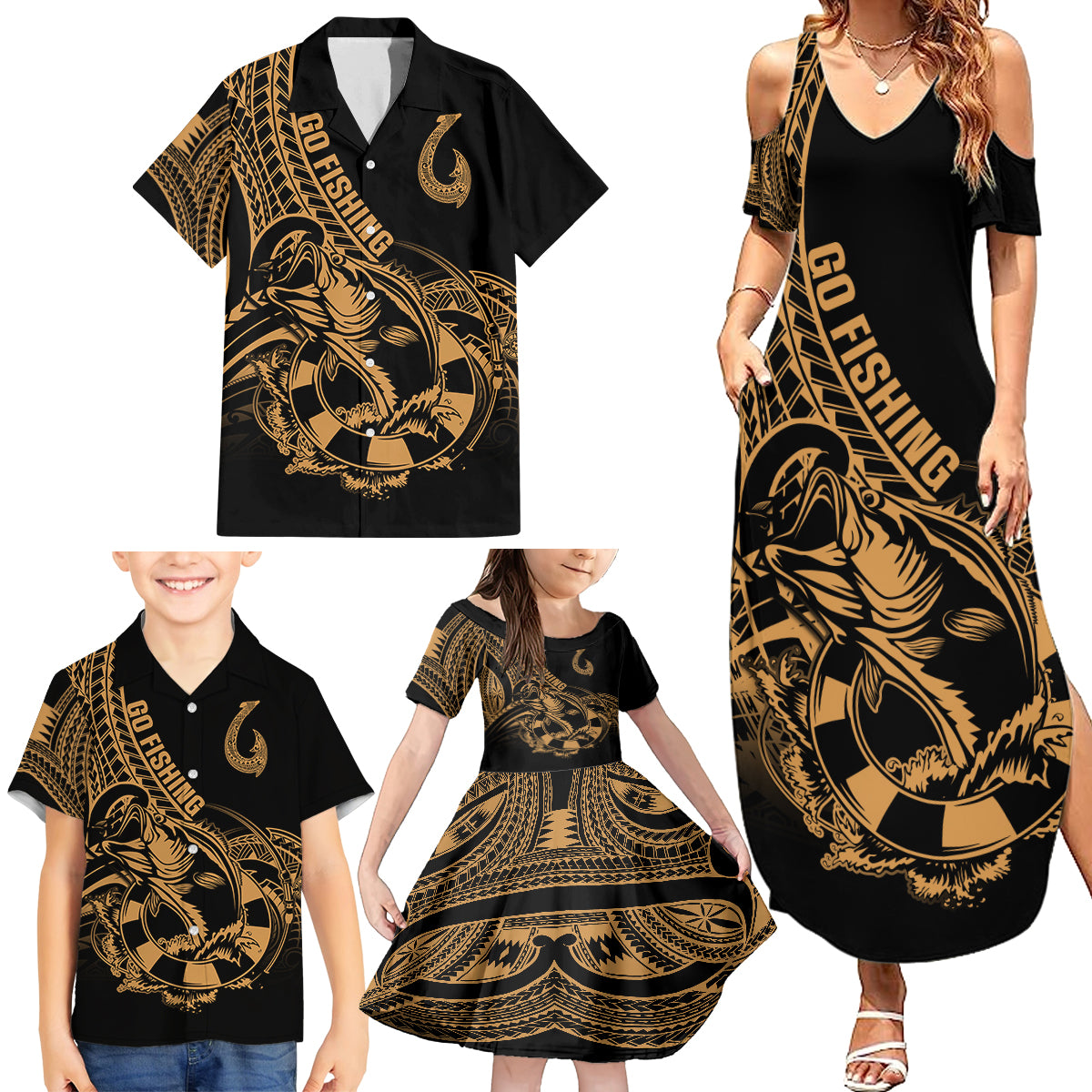 Polynesia Family Matching Summer Maxi Dress and Hawaiian Shirt Fish Hook Tattoo Go Fishing Polynesian Pattern Gold LT14 - Polynesian Pride