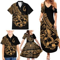 Polynesia Family Matching Summer Maxi Dress and Hawaiian Shirt Fish Hook Tattoo Go Fishing Polynesian Pattern Gold LT14 - Polynesian Pride