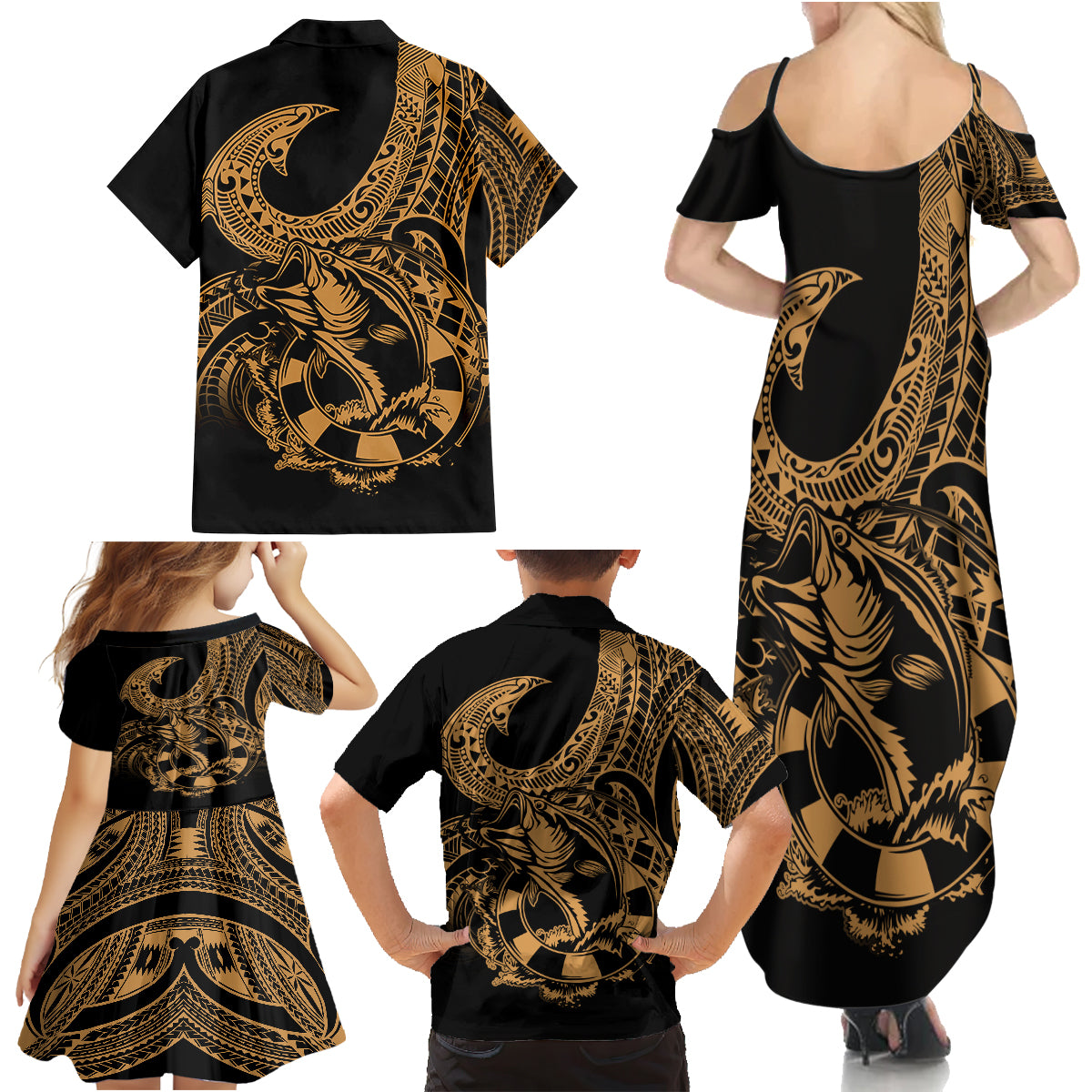 Polynesia Family Matching Summer Maxi Dress and Hawaiian Shirt Fish Hook Tattoo Go Fishing Polynesian Pattern Gold LT14 - Polynesian Pride